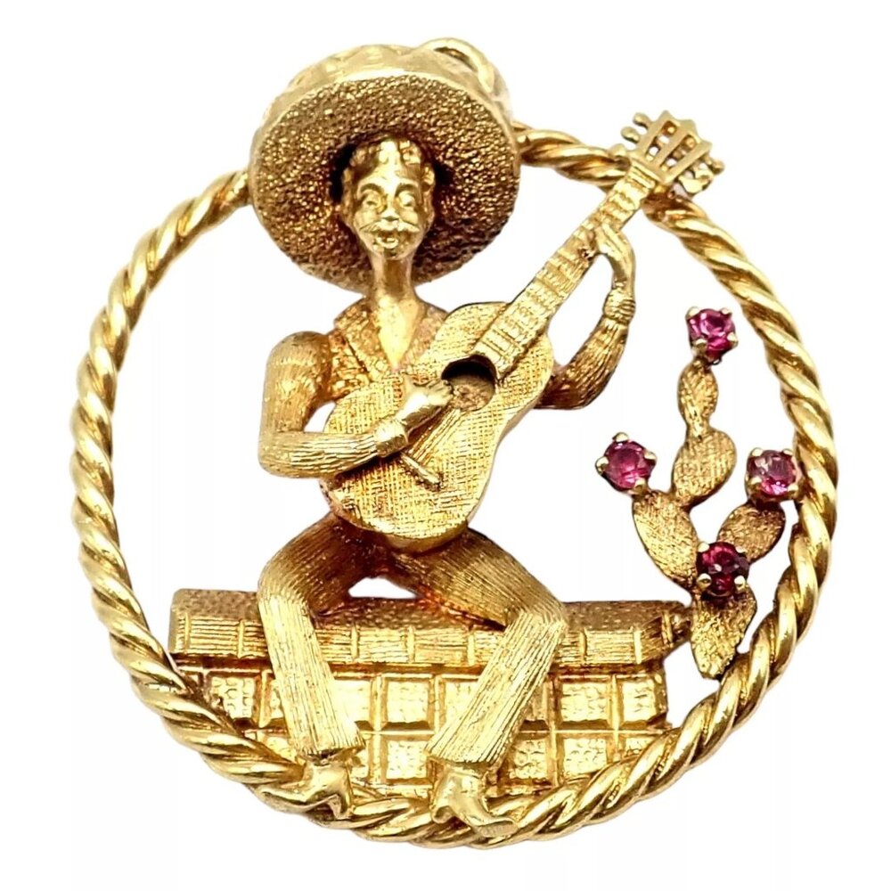 Authentic! Rudi Cherny 18k Yellow Gold Guitar Player Cactus Ruby Pendant - Picture 9 of 13
